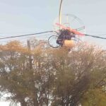 Parapente enganchado en poste de luz